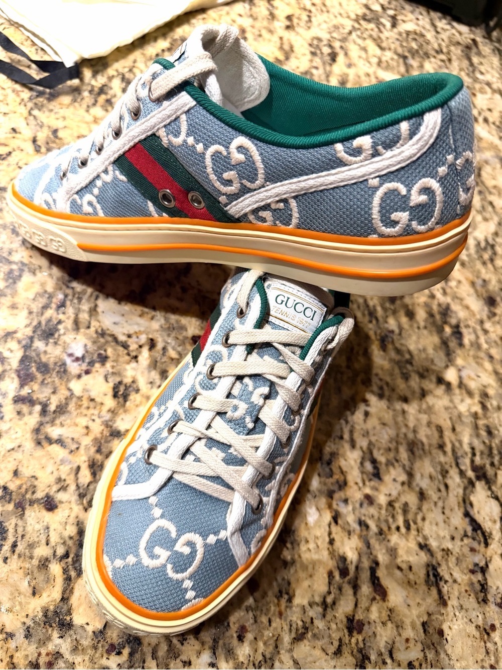 Gucci Women’s Blue GG Canvas Sneakers with Orange Trim and Green Interior - Picture 3 of 11